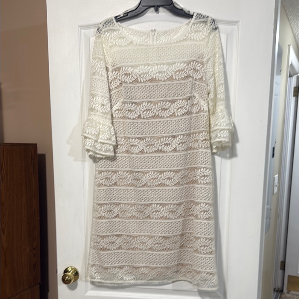 Cream Sheath Dress with Bateau Neckline and 3/4 Bell Sleeves